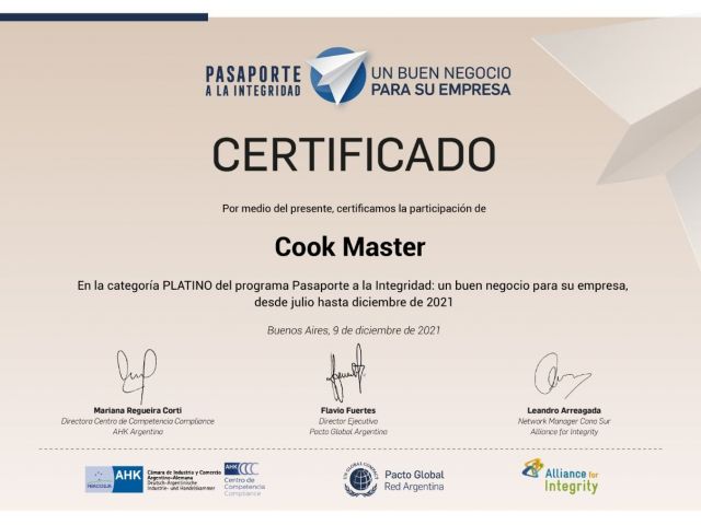 Pasaporte a la Integridad. Cook Master reconocida por su política anticorrupción