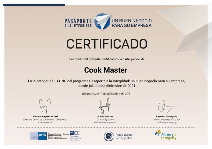 Pasaporte a la Integridad. Cook Master reconocida por su política anticorrupción